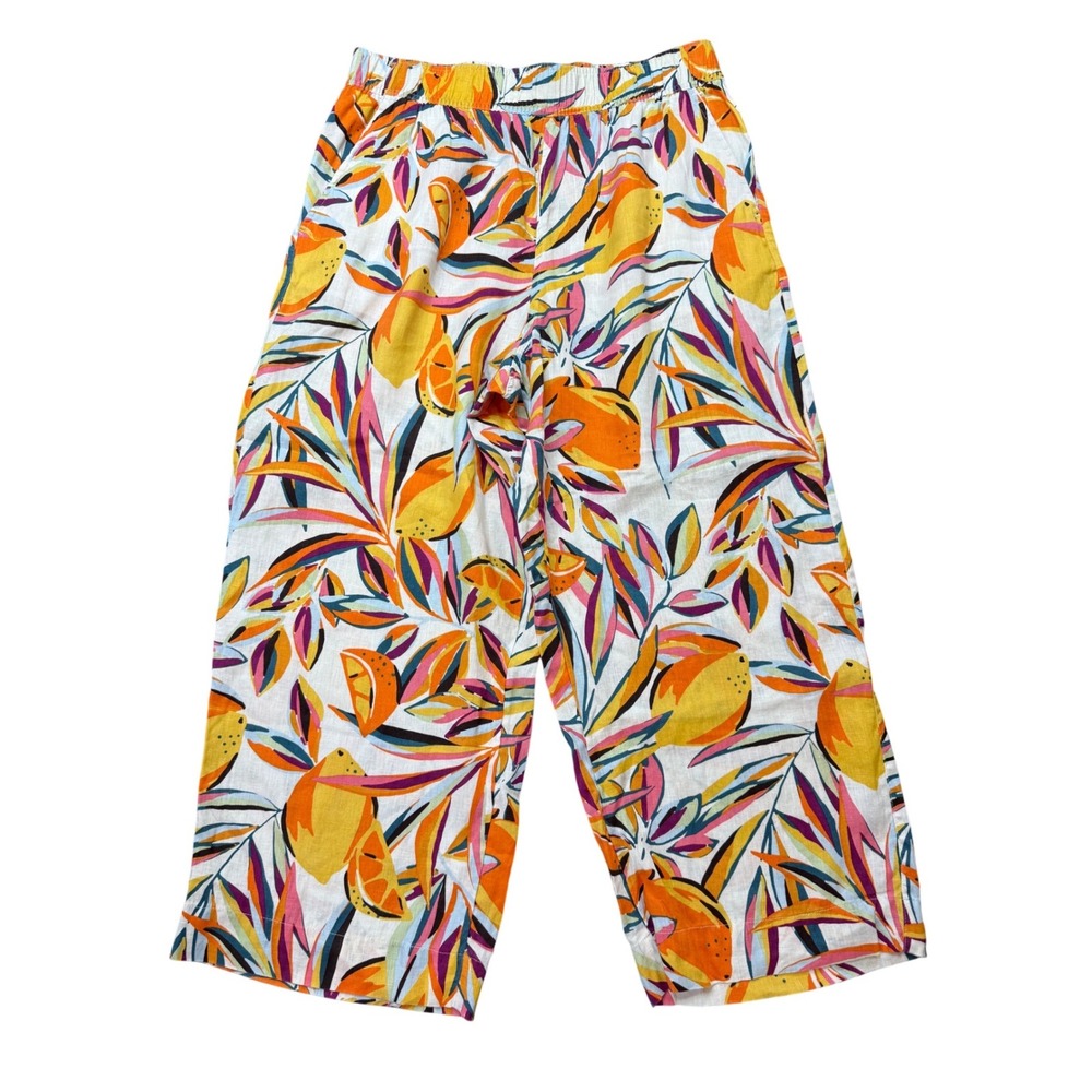 C&C California Pants Womens L Multi Excellent 100 Linen Tropical Citrus Wide Leg